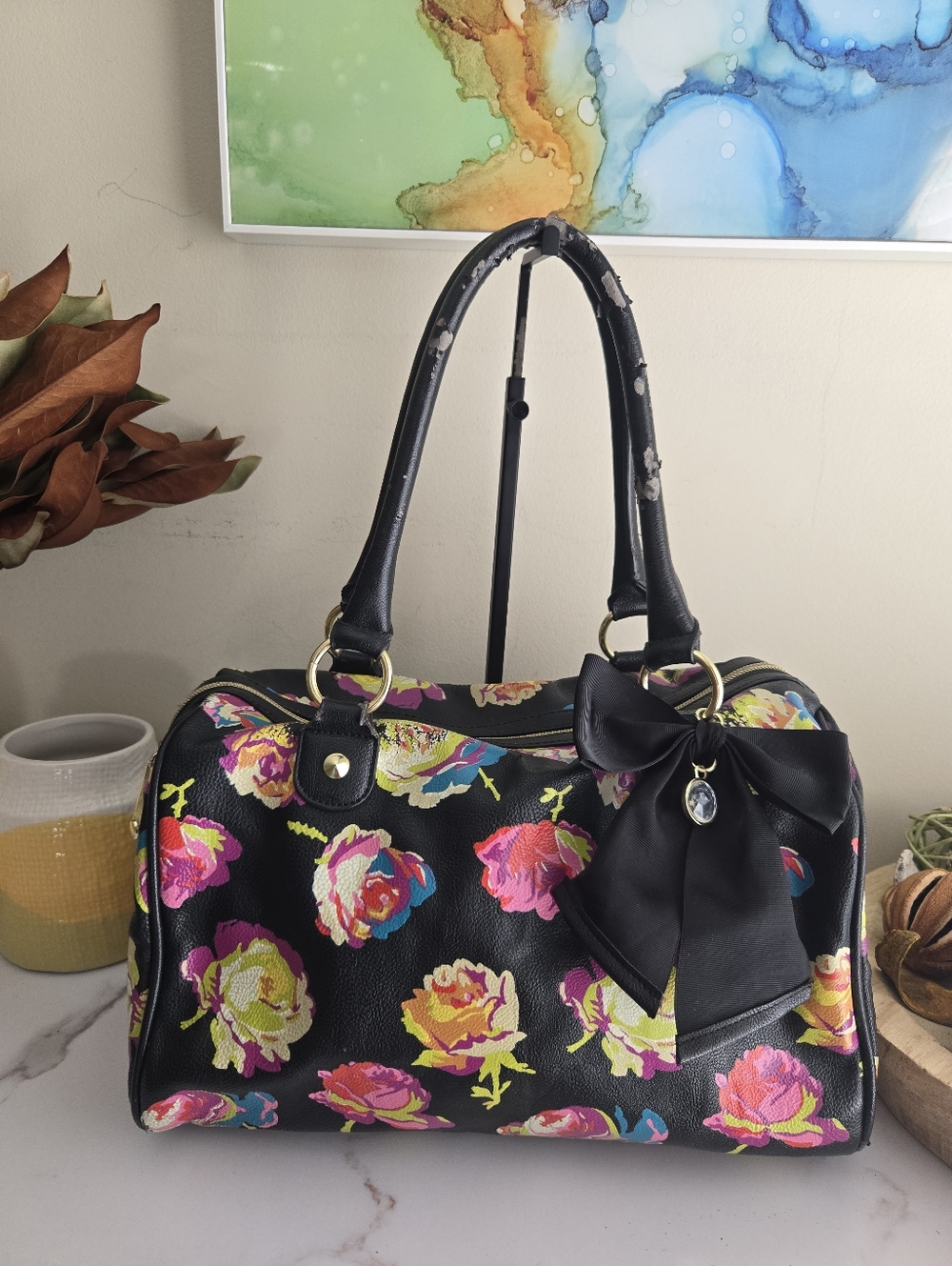 Fair Condition Betsey Johnson Black Floral Print Satchel Handbag - Picture 2 of 14
